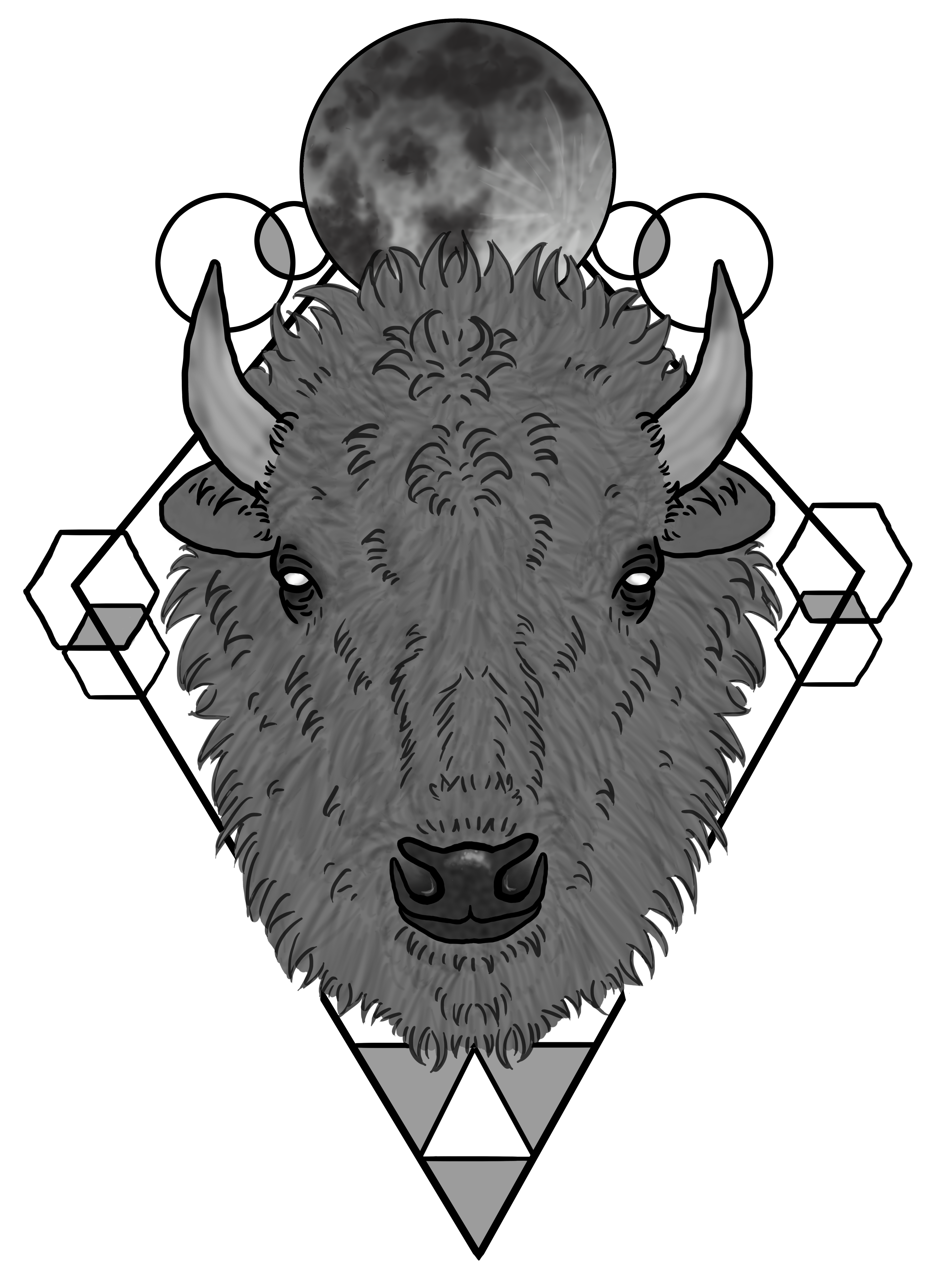 A fully rendered image, but with more shading on the bison than the final version and a darker moon at the top.