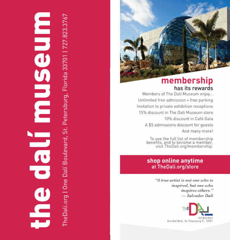 A similar bookmark design, but one side has 'the dali museum' in extra large text and the contact details listed below it.