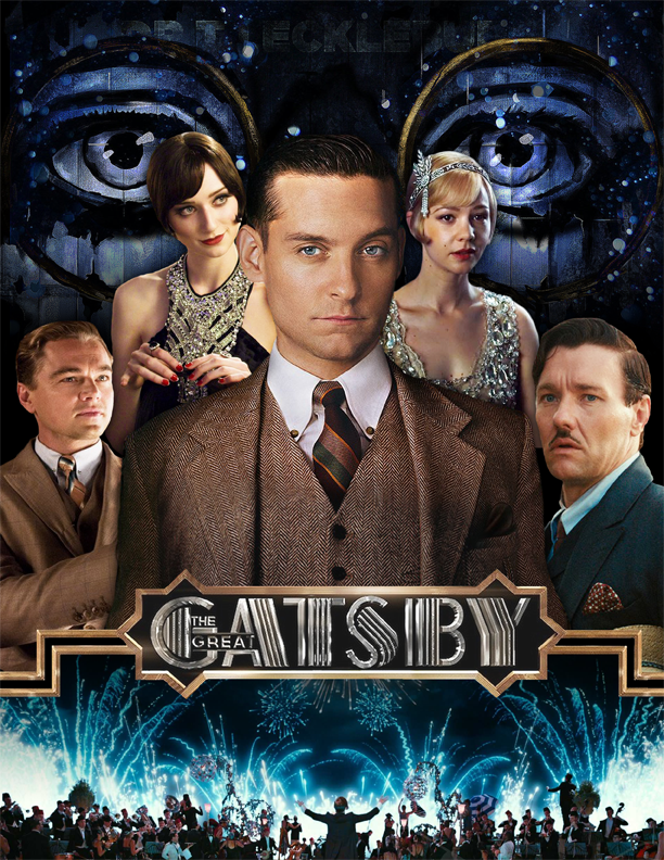 A similar poster, but with the eyes of Dr. T. J. Eckleburg in the background. The bottom of the image features a scene from the first party, with fireworks and several partygoers.