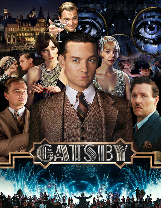 Another version of the poster but with both the eyes of the doctor and an image of Gatsby's mansion in the background, one on each side of Leonardo DiCaprio. The bottom of the image shows the same party scene.