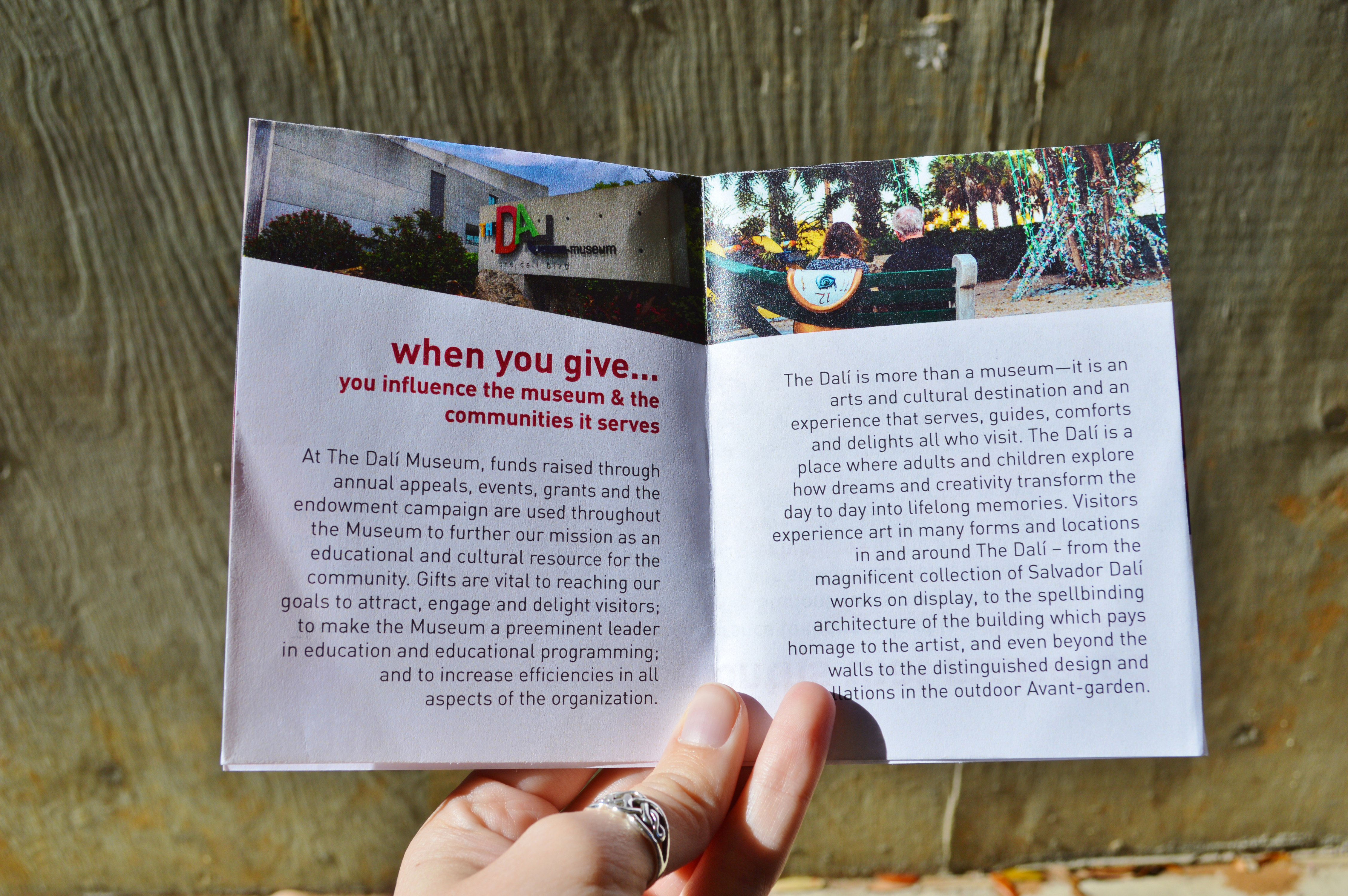 The inside of the sheet, with an image of the Museum and the garden at the top and a paragraph describing the importance of donations.