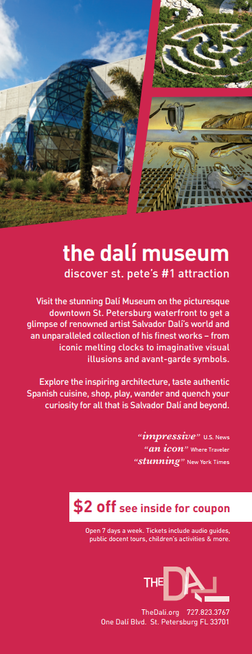 A map advertisement featuring images of The Dali Museum and some of its works. The text describes The Museum and includes a $2 off coupon.