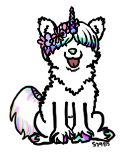 A white dog with rainbow accents, hooves, and a unicorn horn.